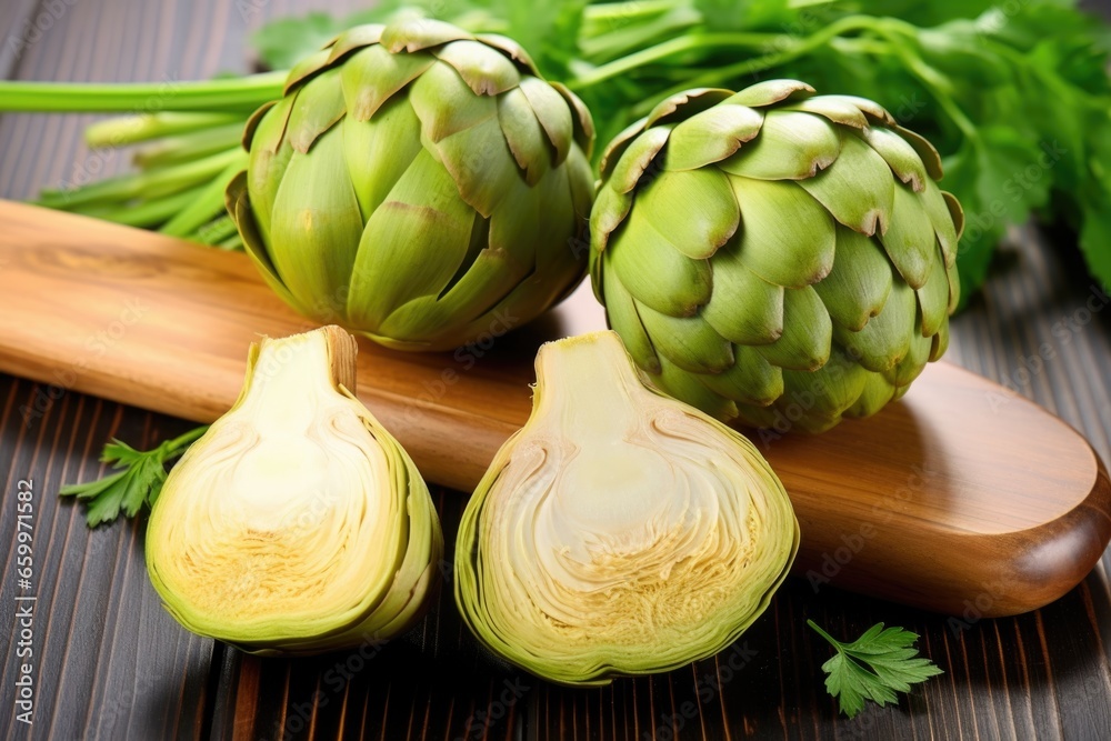 Fototapeta premium whole and halved fresh artichokes on a board