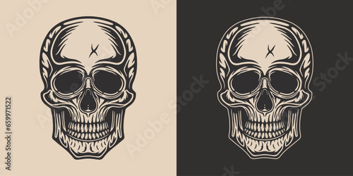Vintage Retro woodcut linocut engraving barber shop element. Scary halloween skull hipster. Can be used for logo, emblem, badge, mark, poster design. Monochrome Graphic Art. © Graphic Warrior