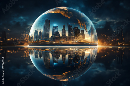 Globe and city on earth. Green sustainable development concept by generative AI.