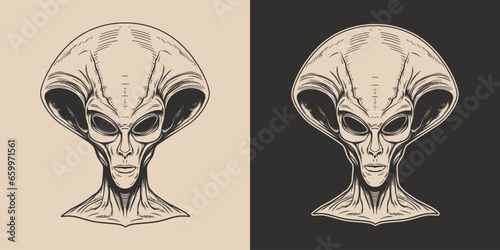 Vintage retro cartoon comics alien ufo creature humanoid person character spooky funny face portrait.