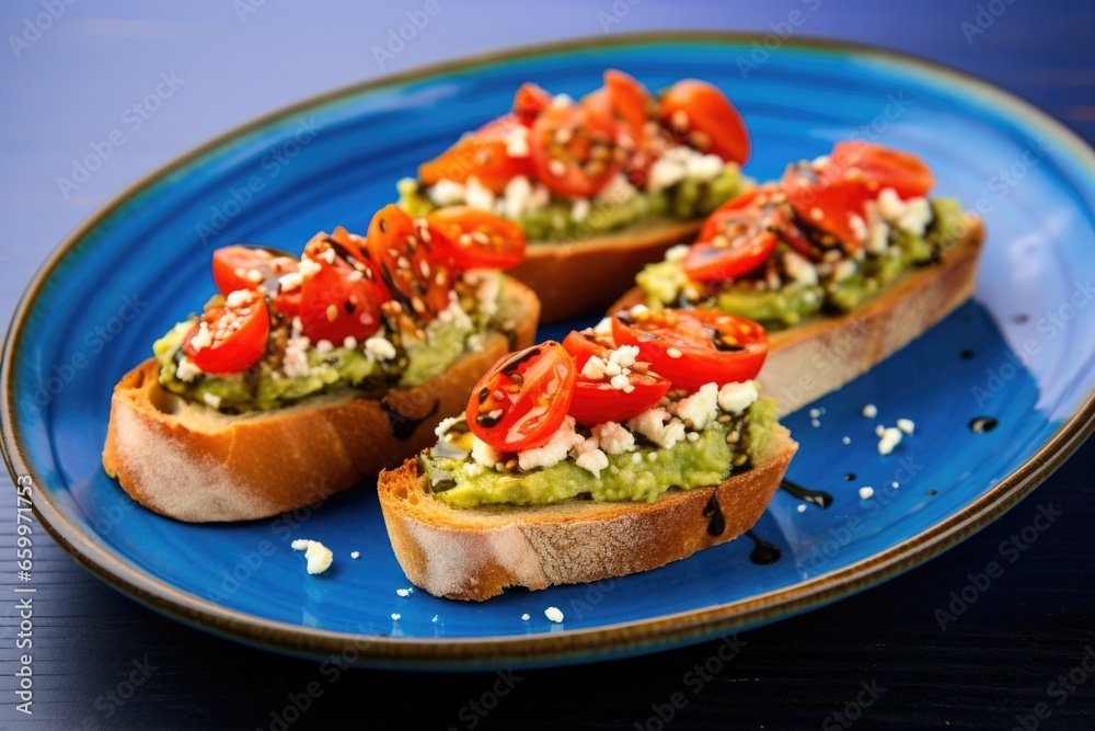 avocado bruschetta with sesame seeds on a blue rimmed plate avocado bruschetta with sesame seeds on a blue rimmed plate