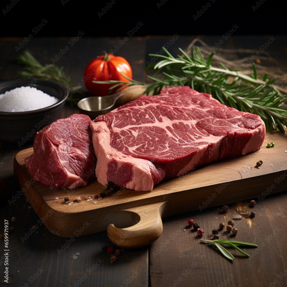 raw beef steak with herbs