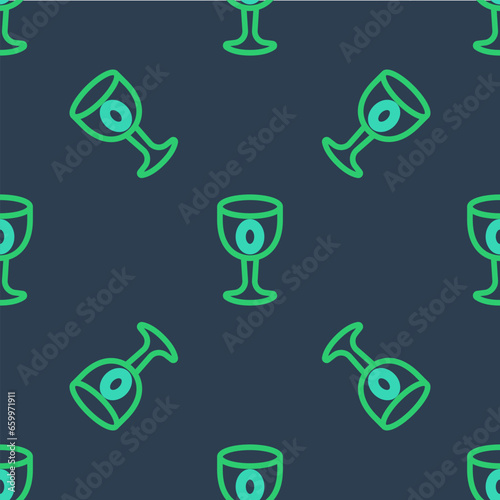 Line Medieval goblet icon isolated seamless pattern on blue background. Holy grail. Vector