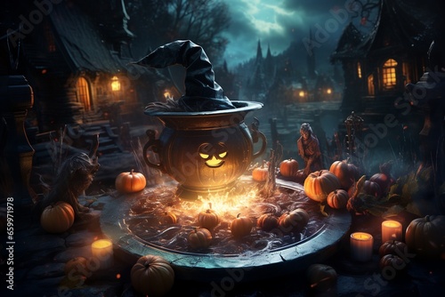 Enchanting Halloween Night, A Mysterious Cauldron's Glow created with Generative AI
