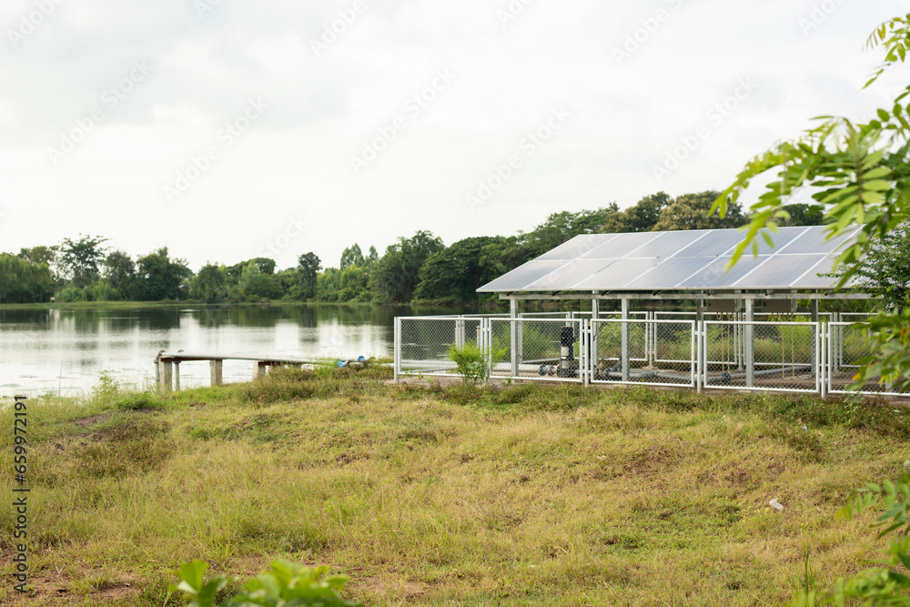 Rural agriculture solar panels with greenhouse solar power plant blue solar panel alternative electricity sources Solar farm.