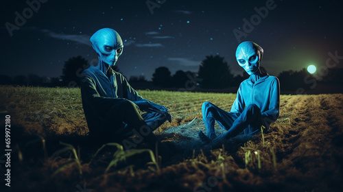 Two aliens sitting by the lake waiting for the mother shit to return. Sunset, dust, night time, quality photography, image sharp/in-focus image, shot with a Canon EOS 5D Mark IV DSLR camera