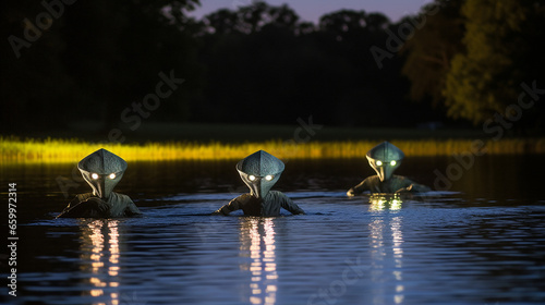 Two aliens sitting by the lake waiting for the mother shit to return. Sunset, dust, night time, quality photography, image sharp/in-focus image, shot with a Canon EOS 5D Mark IV DSLR camera