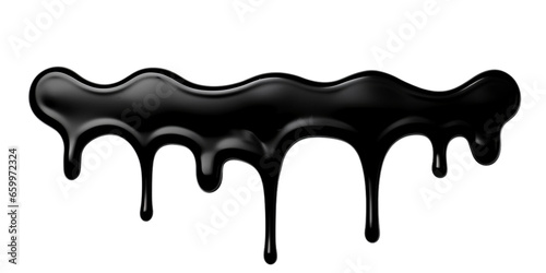 Dripping down black glossy paint drop splash close-up isolated on transparent background