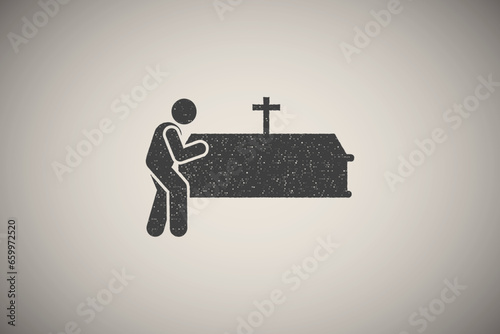 Man coffin funeral burial icon vector illustration in stamp style