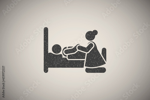 Woman patient sorrow widow icon vector illustration in stamp style