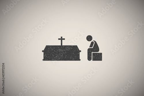 Man coffin sorrow weep icon vector illustration in stamp style