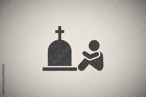 Child coffin sorrow cry weep icon vector illustration in stamp style