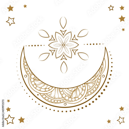 Golden crescent moon illustration. Ethnic style vector graphic.