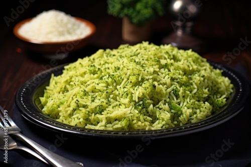 broccoli rice in a square plate on a black table