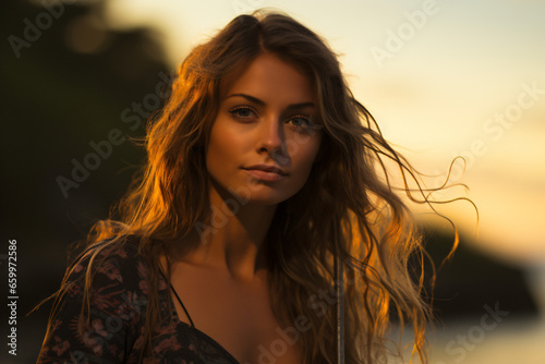 Out of focus portrait of surfer girl holding her board in the sea at sunset 