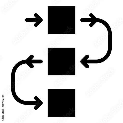 Workflow Icon. Included in Business Management Glyph Icon. Comprises essential, sleek icons representing various aspects of effective organizational leadership and administration.