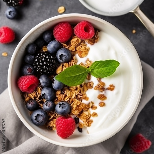 The healthiest oatmeal with summer berries  blueberries  raspberries  strawberries  blackberries in a bowl. Concept of clean eating.Generative AI