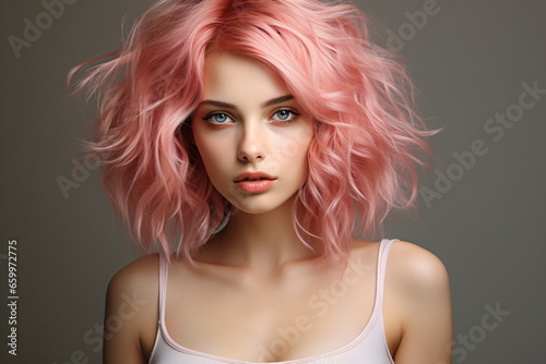 Portrait of attractive young woman with pink hair and top