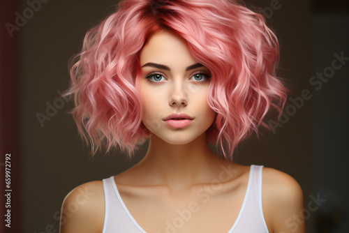 Portrait of attractive young woman with pink hair and top