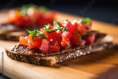 close up view of an anchovy on a bruschetta slice
