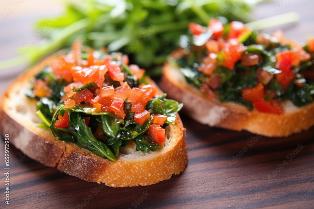 macro shot of bruschetta with plenty of arugula, pepper, and sea salt macro shot of bruschetta with plenty of arugula, pepper, and sea salt