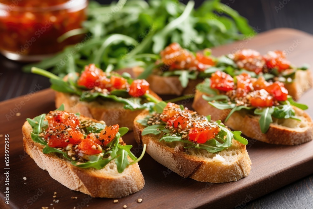 a close-up of multi-grain bruschetta with arugula and olive oil a close-up of multi-grain bruschetta with arugula and olive oil