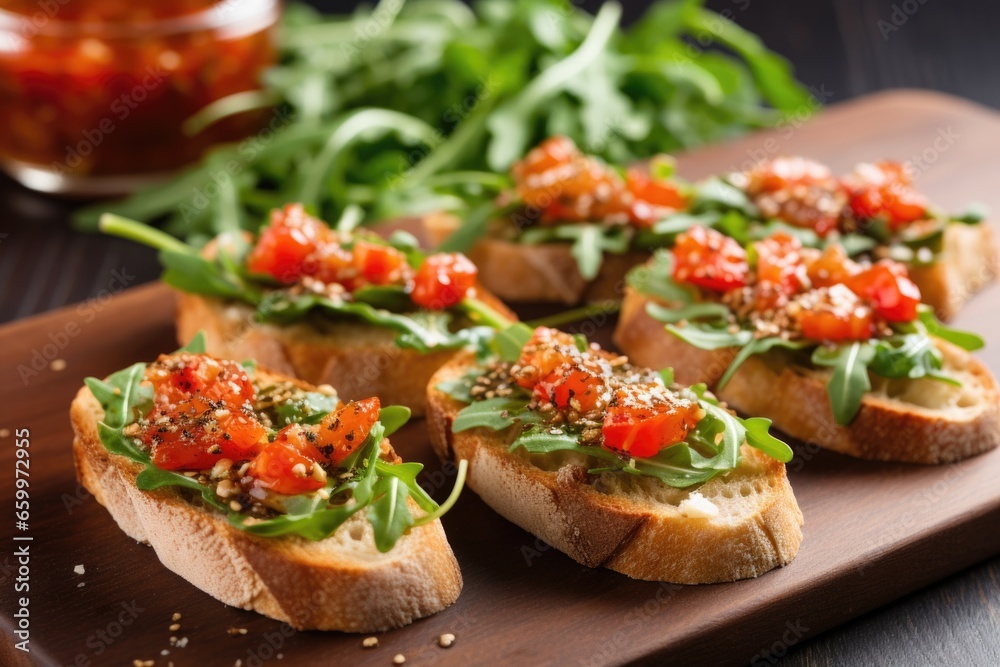 a close-up of multi-grain bruschetta with arugula and olive oil