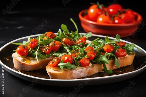 bruschetta with baby arugula, cherry tomatoes on ceramic plate