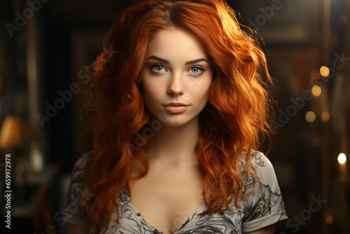 Portrait of attractive young woman with red hair and top  © HejPrint