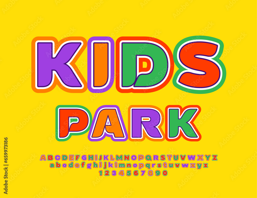 Vector bright emblem Kids Park with creative Alphabet. Funny colorful Font. Playful Letters and Numbers set