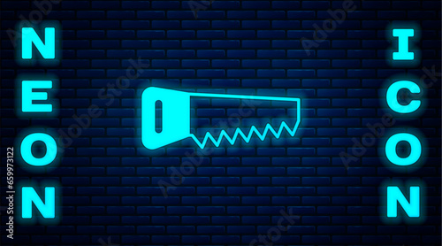 Glowing neon Hand saw icon isolated on brick wall background. Vector