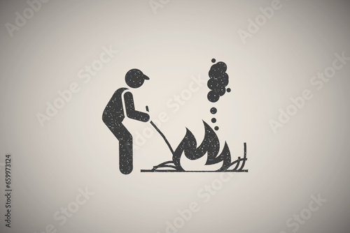Burn, fire, grass, weed icon vector illustration in stamp style