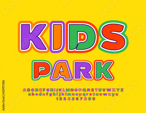 Vector bright emblem Kids Park with creative Alphabet. Funny colorful Font. Playful Letters and Numbers set