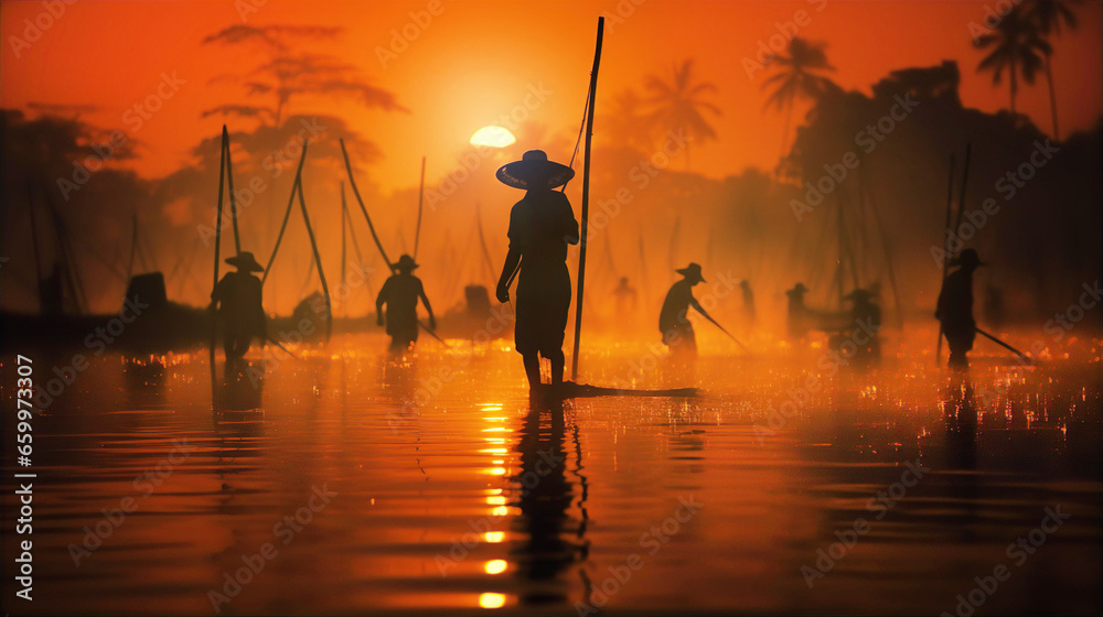 Sri Lankan Stilt Fishing man silhouettes at sunset