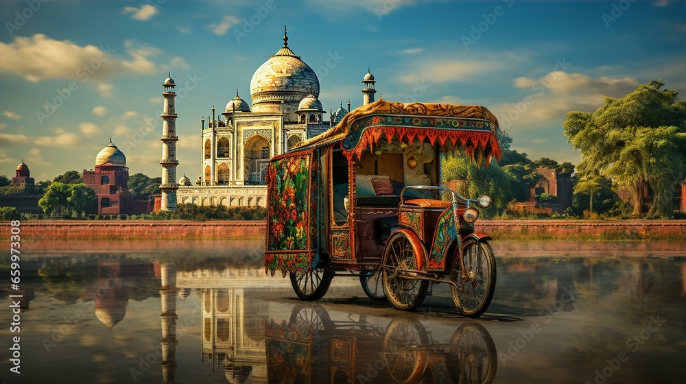 Rickshaw on old Indian town street, local atmosphere, Asian culture and travel concept - obrazy, fototapety, plakaty 