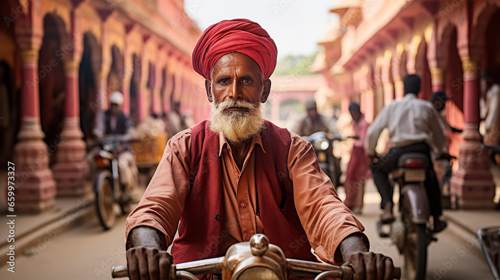 Portrait of Rickshaw driver on Indian street, local atmosphere, Asian culture and travel concept