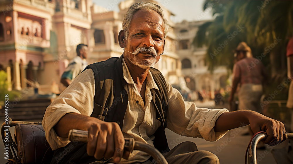Portrait of Rickshaw driver on Indian street, local atmosphere, Asian culture and travel concept Portrait of Rickshaw driver on Indian street, local atmosphere, Asian culture and travel concept