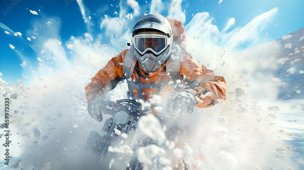 Obraz premium Motorcyclist riding bike in heavy snow, sport, hobby, healthy life style concept