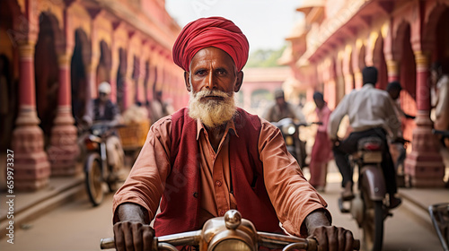 Portrait of Rickshaw driver on Indian street, local atmosphere, Asian culture and travel concept