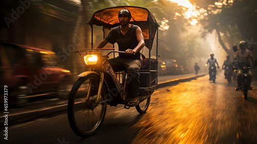 Rickshaw on old Indian town street, local atmosphere, Asian culture and travel concept photo