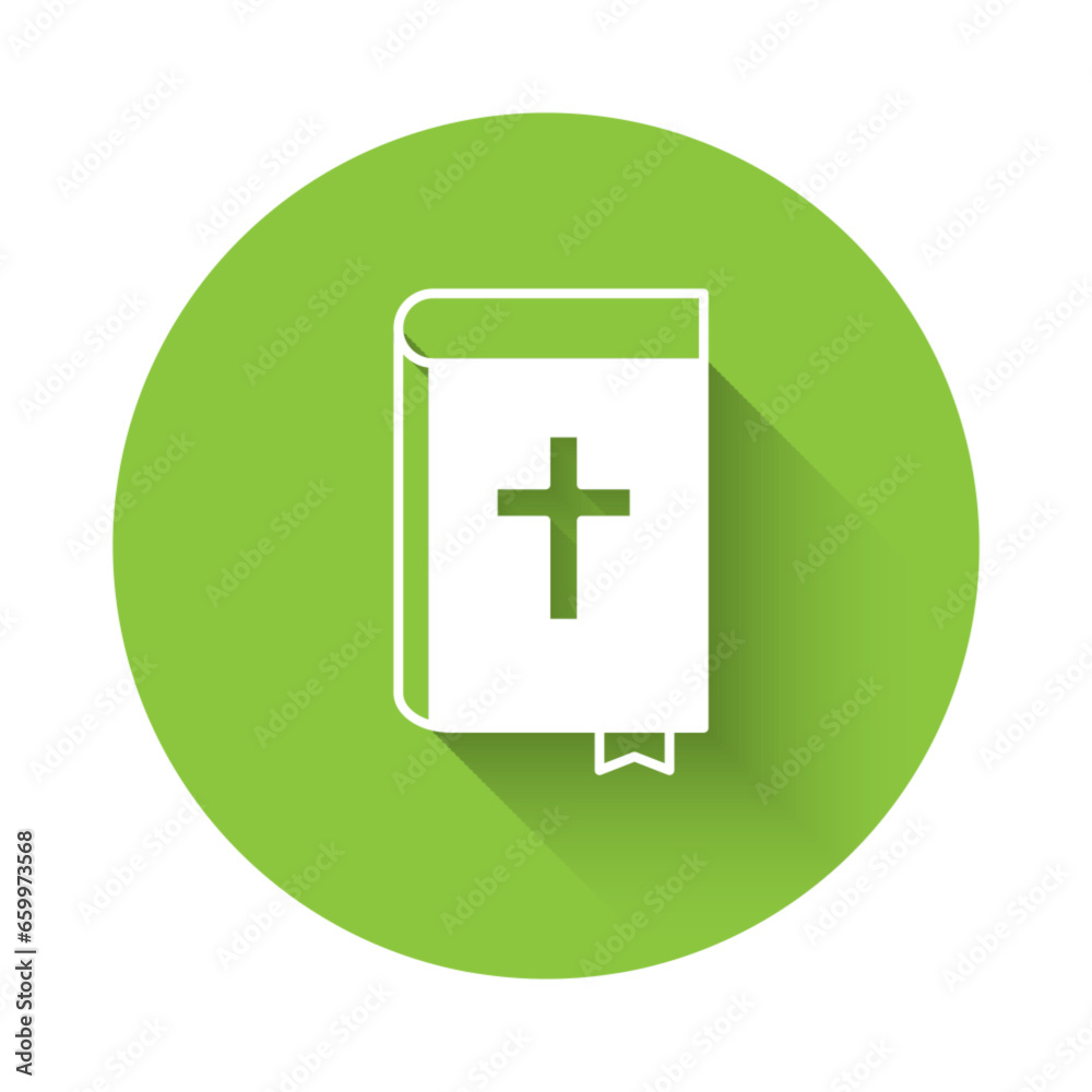 White Holy bible book icon isolated with long shadow background. Green circle button. Vector White Holy bible book icon isolated with long shadow background. Green circle button. Vector