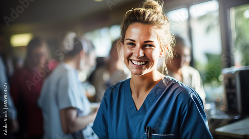 Beautiful young  nurse in scrubs at lunch time, having a break, socialising with colleagues, talking and smiling to camera  photo