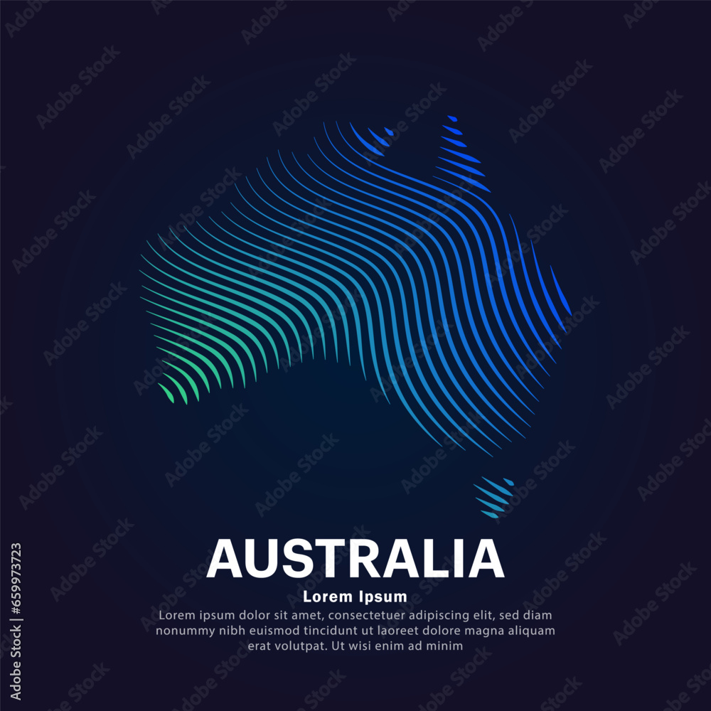 simple Map of Australia Illustration in a linear style. Abstract line art Australia map Logotype concept icon. Vector logo Australia color silhouette on a dark background. EPS 10 - obrazy, fototapety, plakaty 