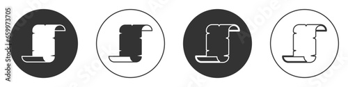 Black Ancient papyrus scroll icon isolated on white background. Parchment paper. Ancient Egypt symbol. Circle button. Vector