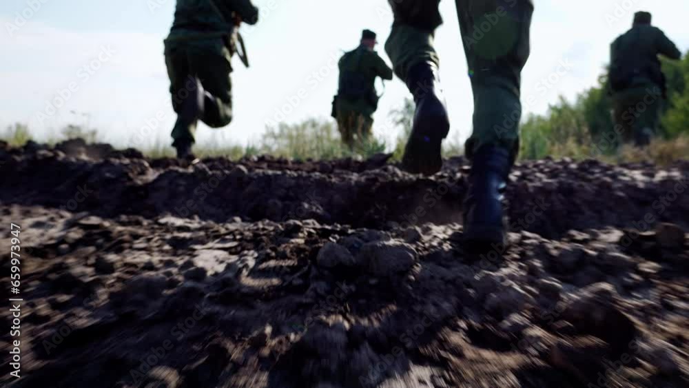 Group of soldiers run and attack with weapons, military forces combat with armed conflict. Firearm fight, shooting mission and warfare assault operation