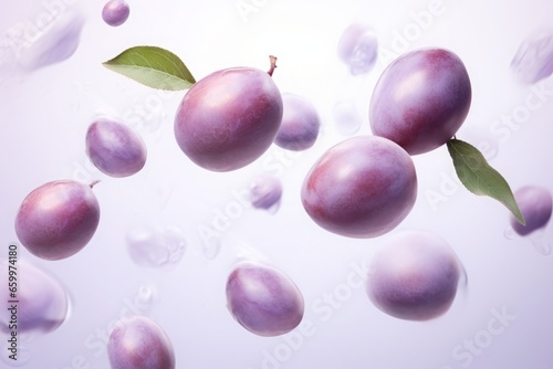 a clean detailed studio photo of fresh raw ripe plums flying in the air on pastel gradient background. fruit food ingredient levitation.
