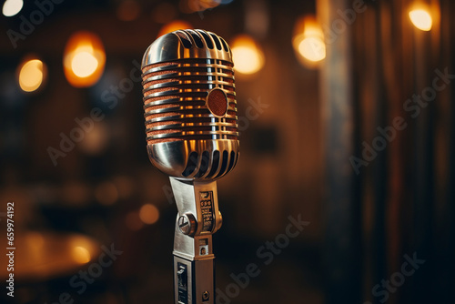 A vintage microphone stands proudly in front of the hosts, capturing every word as they share their thoughts and stories with the world. 