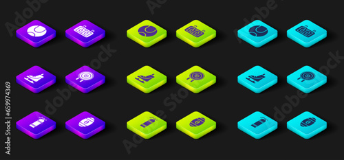 Set Aqualung, American Football ball, Skates, Target sport, Sport mechanical scoreboard and Tennis icon. Vector