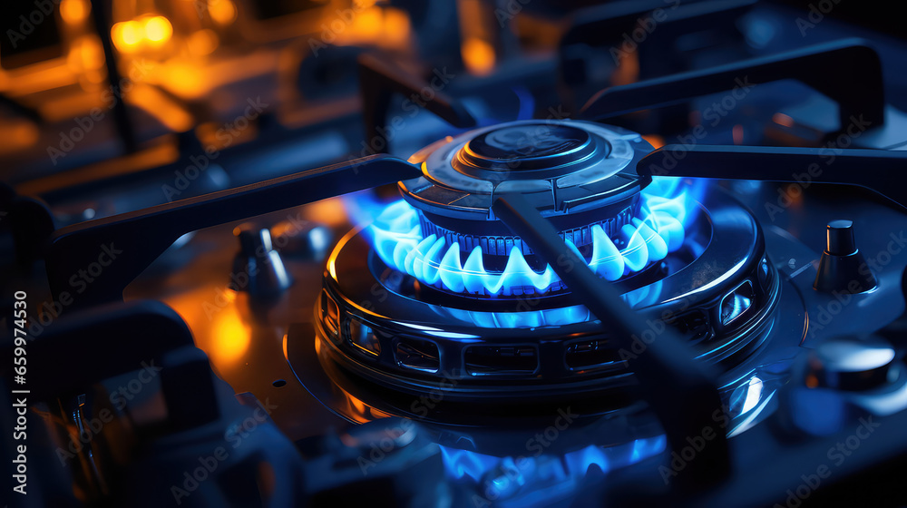Kitchen gas stove burning with a blue flame. Global economic gas crisis. Close-up of a gas stove turned on. Kitchen gas stove burning with a blue flame. Global economic gas crisis. Close-up of a gas stove turned on.