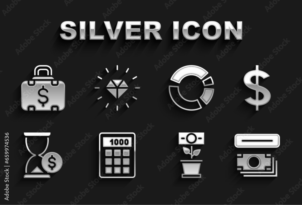 Set Calculator, Dollar symbol, ATM and money, Money plant in the pot, Hourglass with dollar, Pie chart infographic, Briefcase and Diamond icon. Vector Set Calculator, Dollar symbol, ATM and money, Money plant in the pot, Hourglass with dollar, Pie chart infographic, Briefcase and Diamond icon. Vector